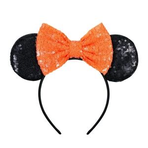 Sequin Mouse Headband Ears, For Halloween & Disney Trip Orange Bow